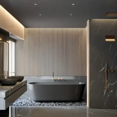 Sleek, dark-toned bathroom with a freestanding black bathtub, marble accents, and vertical striped wall paneling. Features floating vanities with bowl sinks.